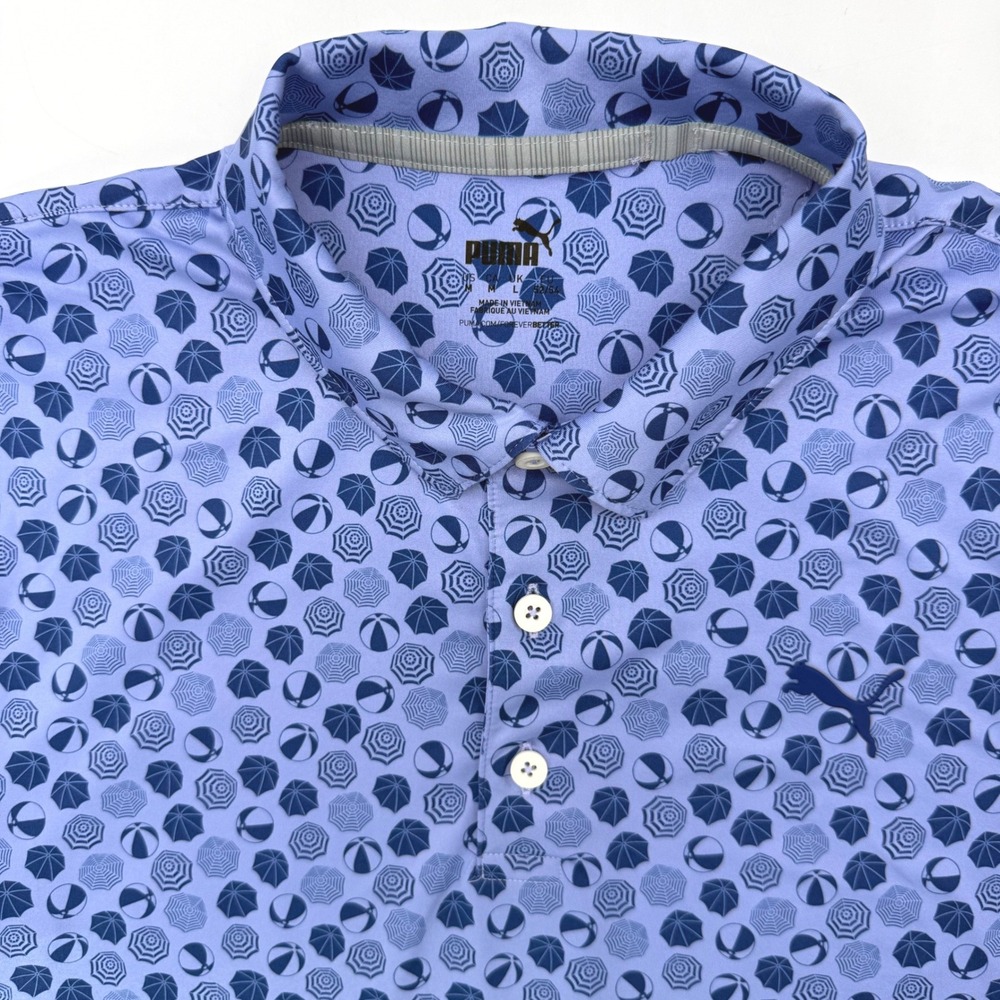 Puma Golf Polo Mens M Blue Beach Umbrella Ball Print 535444-03 Short Sleeve